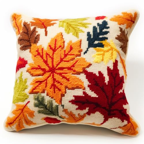 Knüpfkissen-Set mit Herbst-Ahornblättern, für Erwachsene, mit bedruckter Leinwand, DIY-Haken, Häkelgarn, Nadel, Handwerk, einfach handgefertigt, Kissen für Zuhause, Sofa, Dekoration, 43 x 43 cm (8)