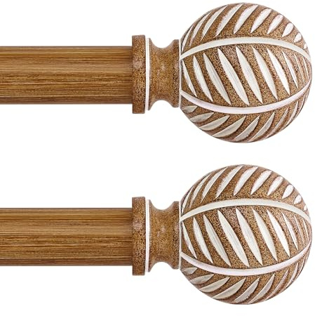 HTZON Gardinenstangen aus Holz, 122 bis 213 cm, 2,5 cm, Boho-Gardinenstange, verstellbare Gardinenstange, Holzmaserung, Blätter, Fenstervorhänge, Bauernhaus, rustikal, strapazierfähig