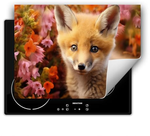 SMTDeco herdabdeckplatte Induktionsmatte herdabdeckung ceranfeld abdeckplatten für ceranfelder induktionskochfeld schutzmatte 80x52 cm Fuchs Blumen Rot