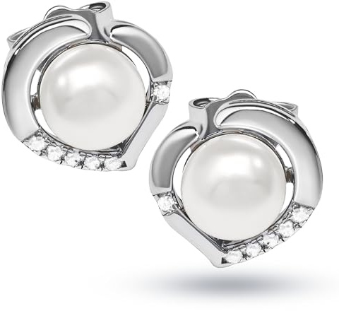 Quadri - Örhängen för kvinnor med zirkoner - örhängen för kvinnor 925 silver med runda sötvattensodlade vita pärlor - presentidé för födelsedag årsdag - presentförpackning ingår, 6.5 millimetri