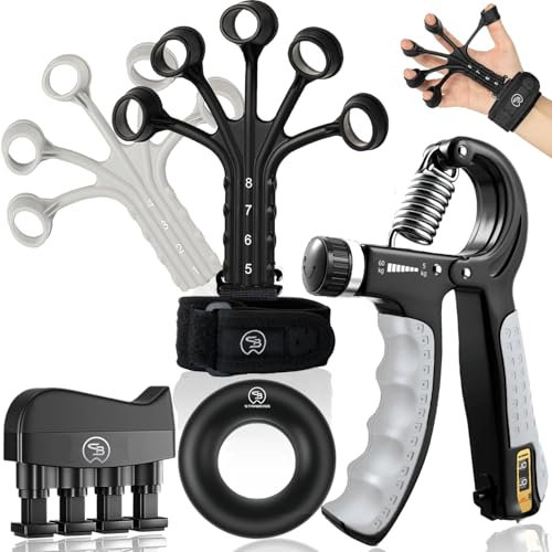 STRABOZZ Handtrainer Fingertrainer, Verstellbares Griffkraft Trainer Set -5-Teilig- Unterarmtrainer, Fingerstrecker Neopren Handgelenk Band - Finger Grifftrainer - Grip Ring, Hand & Unterarm Training