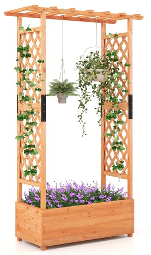 GOPLUS Lit de Jardin Surélevé avec Treillis, Jardinière Surélevée en Bois avec Toit Suspendu pour Plantes Grimpantes, Fleurs, Trous de Drainage pour Jardin, Terrasse (110x44x182cm)