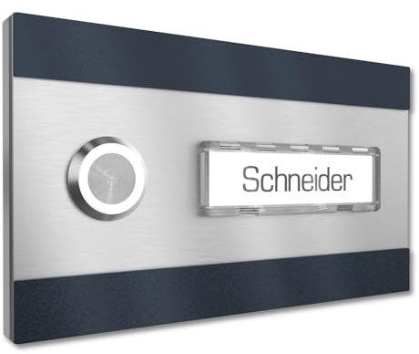 Graviers Design Sonnette de porte apparente 1 plaque nominative interchangeable - acier inoxydable V2A 140x80 mm revêtu par poudre RAL 7016 - nom éclairage au choix bouton LED