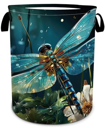 Dragonfly Laundry Basket, Forest Flower Laundry Hamper Foldable Waterproof Tote Bag Dirty Clothes Storage Bucket Toy Organizer for Bathroom/Laundry/Bedroom 15.7x19.6