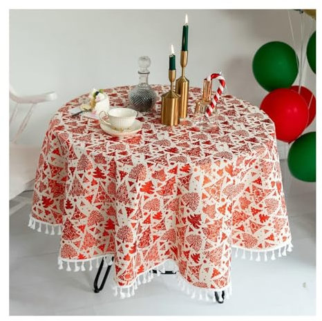 Epinki Tischdecke Rund, Rot Tischtücher Weihnachtsbaum Baumwolle, Geburtstag Tischdeko Junge Garten Zimmer Tischdekoration Mitteldecke für das ganze Jahr, 140CM