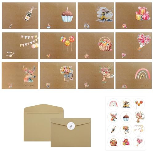 Geburtstagskarten Set (12 Stück) mit 12 Umschlägen aus Kraftpapier & 12 Aufklebern Grußkarten für Glückwunschkarte Klappkarten hochwertige Geburtstagskarten Grußkarte für Familie & Freunde