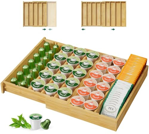 EsLuker.ly Coffee Pod K Cup Holder Organizer for Drawer Insert Counter | Expandable Coffee Tea Storage Tray Compatible with Nespresso Vertuo Capsules, Easy Access for Office Home Kitchen