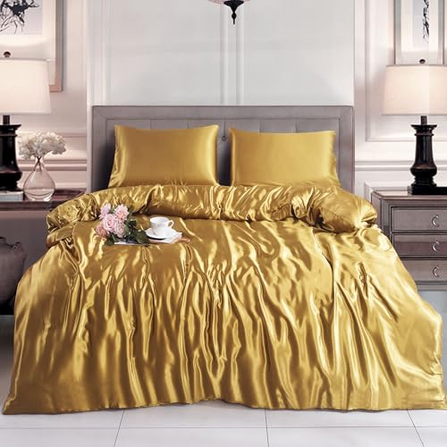 Hadi London Slik Satin Duvet Cover Sets - Luxurious Bedding with Zip Fastening - Soft and Breathable Quilt Cover with 2 Pillowcases - Available in Single, Double, and King Sizes (DULL-GOLD, DOUBLE)