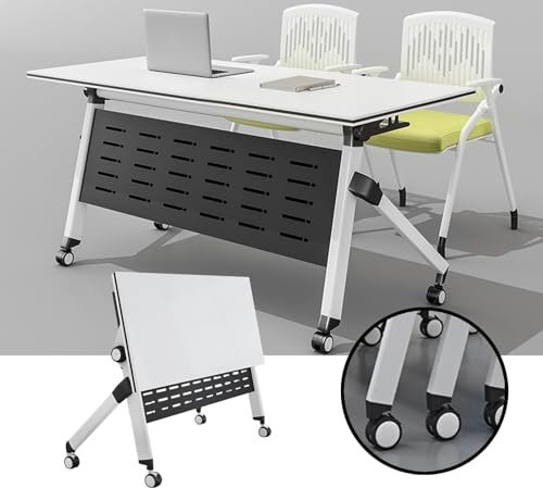 Mobiler Konferenztisch mit feststellbaren Rädern, Stahlrahmen, Holzschreibtisch, Büro, Arbeitszimmer, Möbel, faltbar, Besprechungstisch, Weiß, 140 x 40 x 76 cm