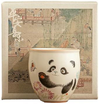 87Ml/3oz beige glazed panda butterfly dragon egg cup, Chinese ceramic tea set tasting cup - dragon egg cup [ box]