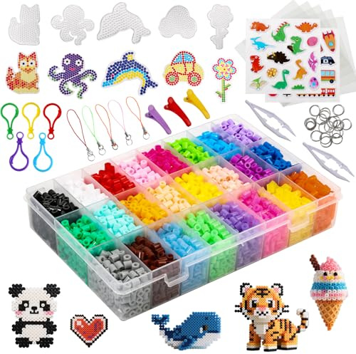 Dongzhi Bügelperlen Set 5mm – 7.300 Stück, 24 Farben Nachtleuchtende Perlen zum Bügeln mit Platten & Aufbewahrungsbox, Kreatives Bastelset Kinder ab 6 Jahren