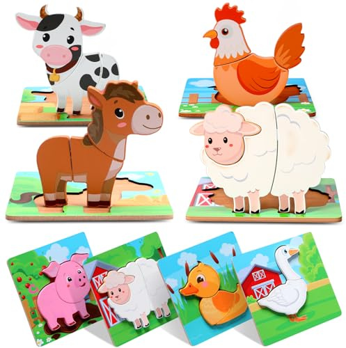 Zomiboo 8 Stück Kinder Bauernhof Holzpuzzle für Jungen und Mädchen im 1-3 Jahren Holztier Puzzle Bauernhoftieren Holzpuzzle für Kleinkinder Spiele Geschenk Lernspielzeug Kinderpuzzle