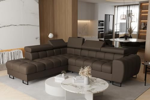 Friderik Ecksofa Aspen Ledersofa Schlaffunktion 260×225 cm Bettkasten verstellbare Kopfstützen (Braun, Links)