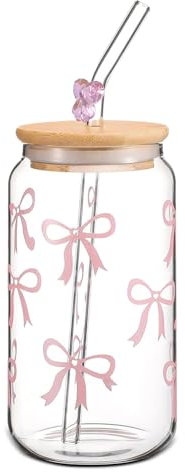 OUZHOU Gobelet avec couvercle et paille, nœud en verre avec couvercle et paille, verres à thé à bulles, verres à matcha résistants à la chaleur et au froid pour la bière, les cocktails, le jus et