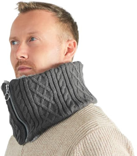 CHARM Winter Knit Neckwarmer Tube Scarf - Zipper Chunky Ski Neck Gaiter Warmer Knit Dark Gray