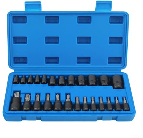 Juego de 25 piezas Torx y hembra de enchufe externo – 13 puntas de estrella (T8- T60) – 12 hembra E-Torx (E4-E22) – Juego de llaves de vaso mecánico para automóviles y motocicletas de grado