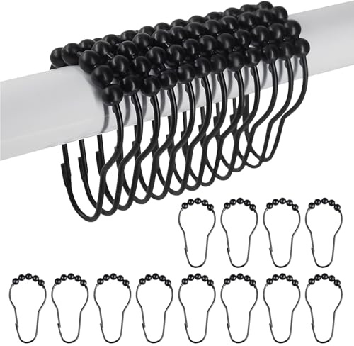 12 Pcs Shower Curtain Hooks, Black Stainless Steel Roller Balls Shower Curtain Rings, Durable Metal Hooks for Bathroom and Window Rods