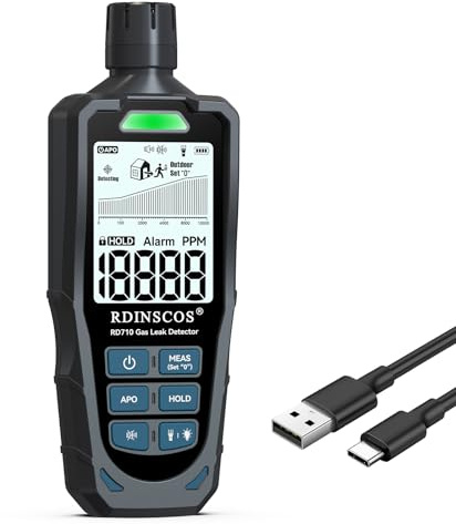 Gasmelder,Wiederaufladbarer Gaslecksuchgerät – Hohe Empfindlichkeit, 0–1000 ppm Alarm für Methan, Propan, Wasserstoff – LED-Taschenlampe & HOLD-Funktion – Für Zuhause, Industrie, Bergbau – RDINSCOS