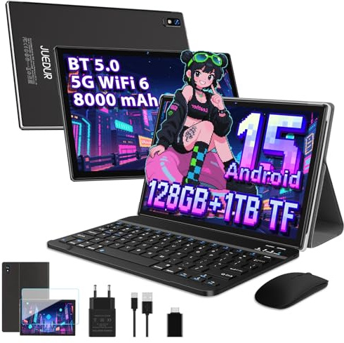 JUEDUR Tablet 10 Pollici Android 15, 22GB RAM+128GB ROM (1TB TF), Octa-Core, 5G+2.4G WiFi 6, Widevine L1, GPS, Face ID, Bluetooth 5.0, 8000mAh, 5+8MP, Tablet 2 in 1 con Tastiera e Mouse - Nero