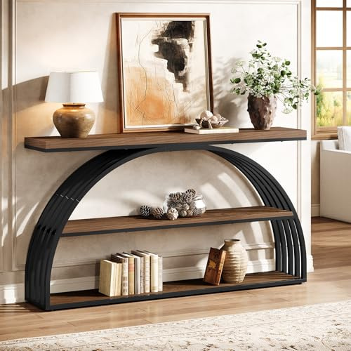 Tribesigns Konsolentisch für den Eingangsbereich, 160 cm Langer Tisch im Landhausstil mit gewölbtem Rahmen, 3-stufige industrielle Sofakonsolen hinter dem Sofa für Wohnzimmer, Flur, rustikales Braun