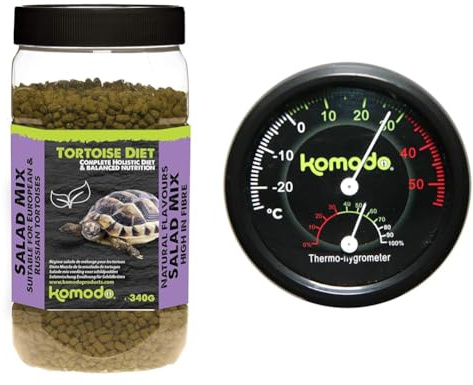 Komodo Tortoise Care Bundle – Complete Holistic Tortoise Diet Salad Mix 340g Tub + Combined Thermometer & Hygrometer, Analog Black (0.04kg)
