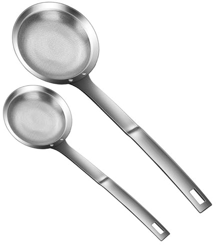 Cucchiaio per schiumarola 2 pezzi, e piccolo, in acciaio inox, a maglia fine, con foro sospeso, filtro lucido per schiumare grasso, schiuma, residui