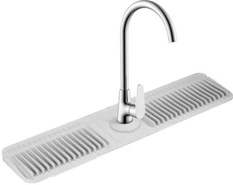 Keilend Kitchen Sink Splash Guard and Faucet Mat, 61x14cm Silicone Sink Water Splash Guard, Adjustable with Customisable Holes & Snap-Lock Design to Keep Worktop Dry and Clean (Grey)