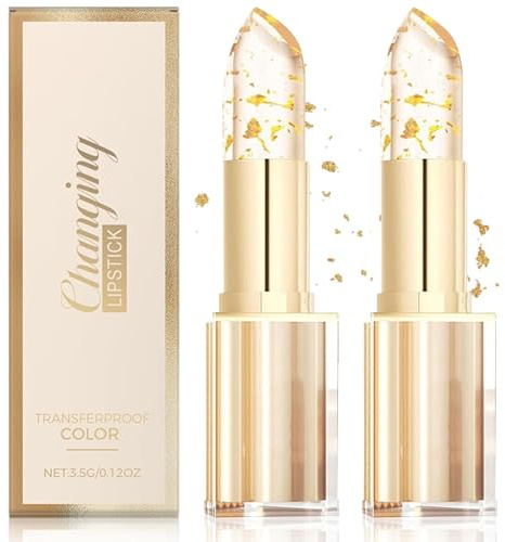 Changement De Couleur Rouge à Lèvres, Longue Durée Hydratant Feuille d'or Brillant à Lèvres, Baume a Levre Magique à Changement de Couleur de Température, L'or Transparent Jelly Lipstick (2)