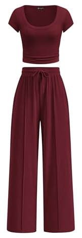 PRETTYGARDEN Women's 2 Piece Matching Lounge Sets Ribbed Short Sleeve Crop Tops Wide Leg Pants 2026 Summer Airport Outfits (Burgundy,Medium)