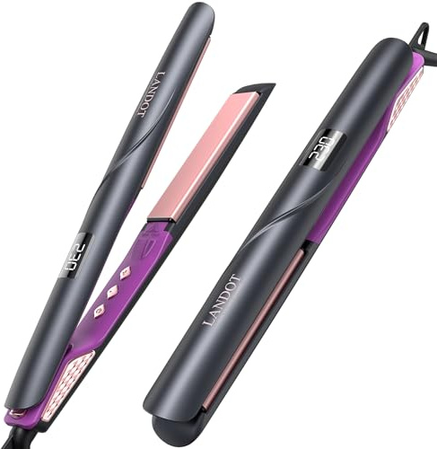 LANDOT Ceramic Hair Straighteners for Women - Dual Voltage Flat Iron 1 Inch | 2 in 1 Straightener and Curler, Anti-Static Frizz-Free Shine, 30s Fast Heat Up,Temp 120-230C Fine to Coarse Hair,Travel Ready