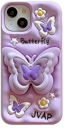 QoKcoahn fodral för iPhone 16, söt 3D Kawaii-telefonfodral rolig lila fjäril blomskydd med stativ tecknat skydd, mjukt silikongel droppskyddande fodral kvinnor flickor för iPhone 16
