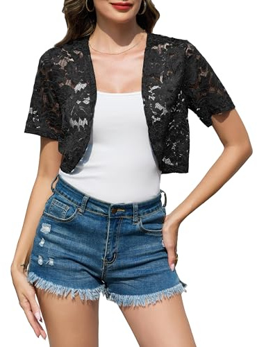 Sopesil Coprispalle Donna in Pizzo Bolero Elegante per Cerimonia con Manica Corta Cardigan Corto Estivo per Tempo Libero Nero,M
