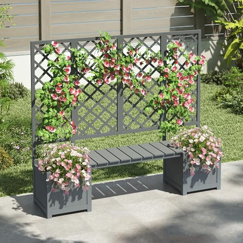 Bladez Pflanzkübel mit Rankgitter und Sitzbank， Blumenkasten mit Spalier und Ablauflöchern, Hochbeet Holz mit Sichtschutz, Rankhilfe für Kletterpflanzen,für Garten Balkon (Grau, 169 × 42 × 145 cm)