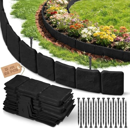 Bordure Jardin Flexible en Plastique 5m,Hauteur 10cm,Épaissie, Bordures de Jardin Exterieur Imitation Pierre,Petite Clôture pour Pelouse,Massif et Allée (Noir)