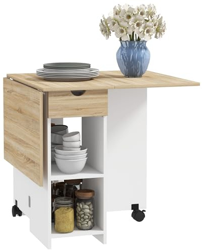HOMCOM Tavolo da Pranzo Pieghevole con Ruote 120x72x75 cm Bianco e Rovere