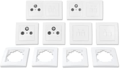 MC POWER - FLAIR - Wand-Steckdosen Set I Multimedia I 18-teilig I Antennendose, Netzwerkdose, Telefondose mit Rahmen weiß, matt
