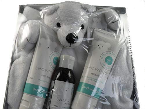 2 Geschenk Sets Babypflege: Babypflege Set mit Waschlappen, Körpermilch, Waschschaum, Massageöl, Hypoallergen, feuchtigkeitsspendend. Dans un Jardin Snwodrop