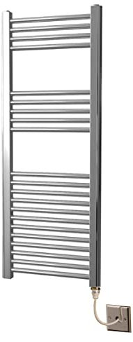 Greened House Chrome Straight Electric Heated Towel Rail 400mm wide x 1200mm high Flat Bathroom Towel Radiator