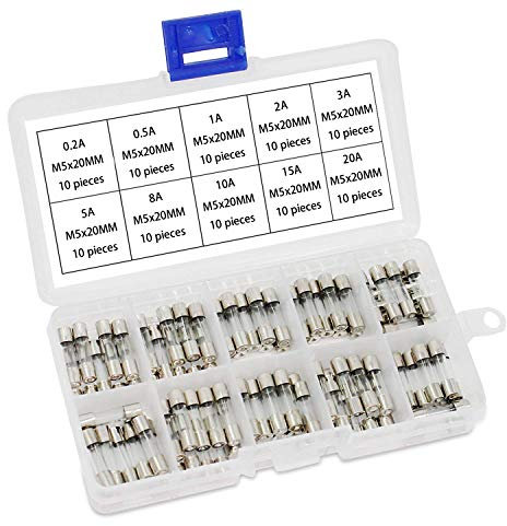 ALLNICE 100 fusibles de tubo de vidrio M5 x 20 mm, kit surtido de fusibles de cartucho de brillo rápido, 250 V A, 0,2 A, 1 A, 2 A, 3 A, 5 A, 8 A, 10 A, 15 A, 20 A