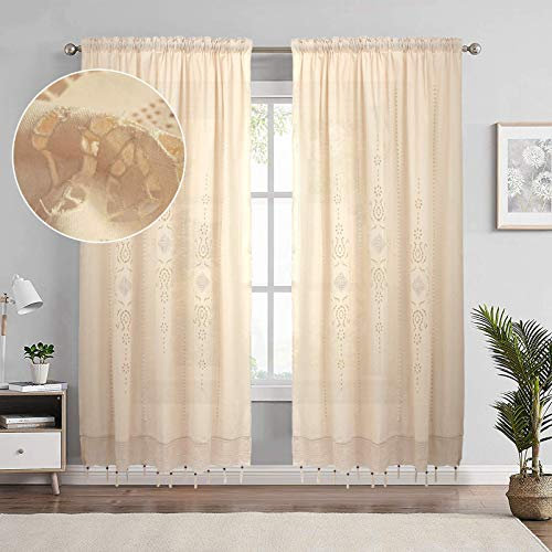 choicehot Landhausstil Häkeln Spitze Gardine Handgefertigte Blumenvorhänge Vintage Baumwolle Leinen Quaste Vorhang Wohnzimmer Schlafzimmer Gardine Vorhang Schals 1 Stück, B150 x H255 cm
