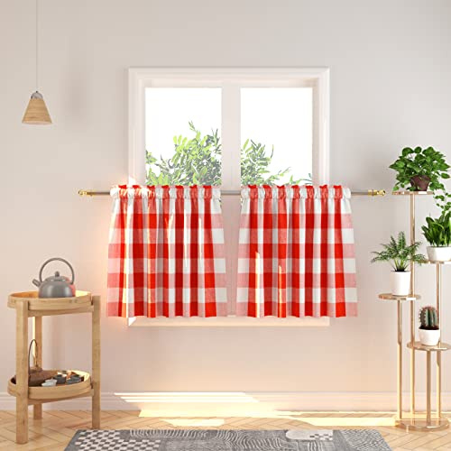Natus Weaver Buffalo Vorhänge, kariert, mit Stangentasche für kleine Fenster, Küche, Café, Badezimmer, 2 Paneele, Rot und Weiß, 61 cm