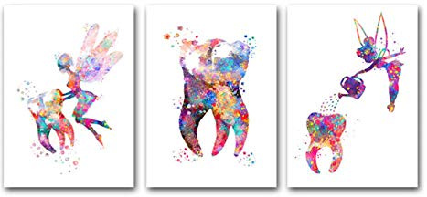Dental Kunst Zahnfee Leinwand Malerei Aquarell Wandkunst Poster Dental Leinwanddruck Zähne Bilder Klinik Decor-40x60cmx3 kein Rahmen