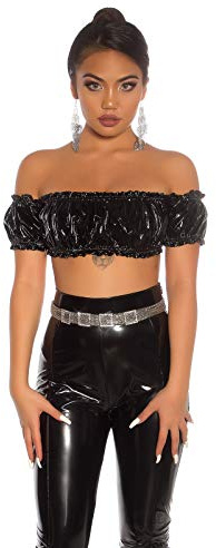 Koucla Off Shoulder Party Wetlook läderlook lackoptik Croptop Top skjorta, svart, En Storlek