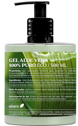 Ebers Aloe Vera Gel 100% Puro 500 Ml con dosatore - Ottima crema idratante per Viso e Corpo, Doposole, Depilazione e Scottature.