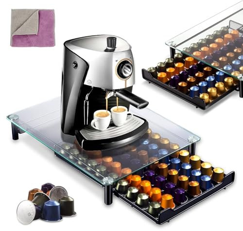 MASTERTOP Coffee Pod Holder - Gorgeous Coffee Capsule Storage Drawer for 60 Capsules, Functional Coffee Storage Drawer Holder, Tempered Glass