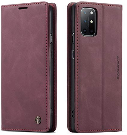 mvced Handyhülle Kompatibel mit OnePlus 8T,Premium Leder Flip Case Schutzhülle mit Standfunktion,Wein rot