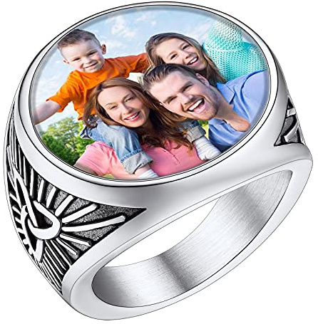FaithHeart Personalisierter Siegelring mit Foto Gravur Edelstahl Damen Herren Bild Fingerring mit Keltischer Knot Symbol Foto Ring mit Kreuz Symbol Siegelring für Geburtstag Weihnachten