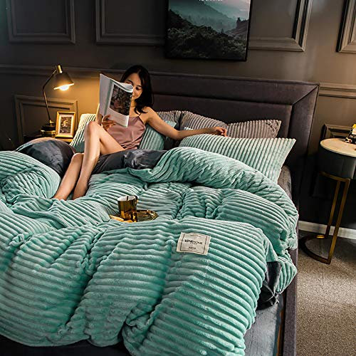 Grueso Suave Reversible Funda Nórdica Con Cremallera,Caliente Esponjoso Juego De Funda Nórdica Invierno Juego De Ropa De Cama Gemelo Com,Color Sólido Felpa Franela Funda De Edredón-Verde Claro 150x200