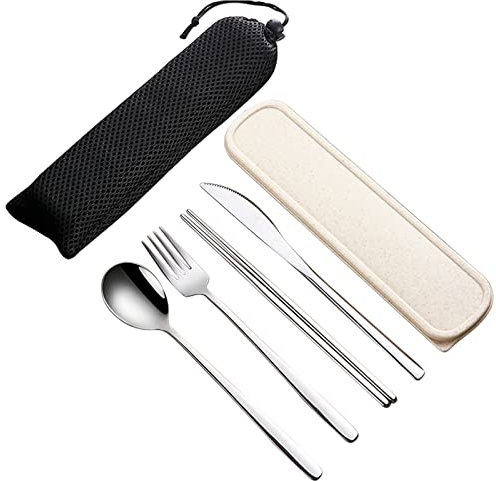 VANRA Juego de cubiertos de acero inoxidable para adultos de 4 piezas con estuche Juego de utensilios reutilizables con tenedor, cuchara, cuchillo, palillos para el almuerzo (plata）