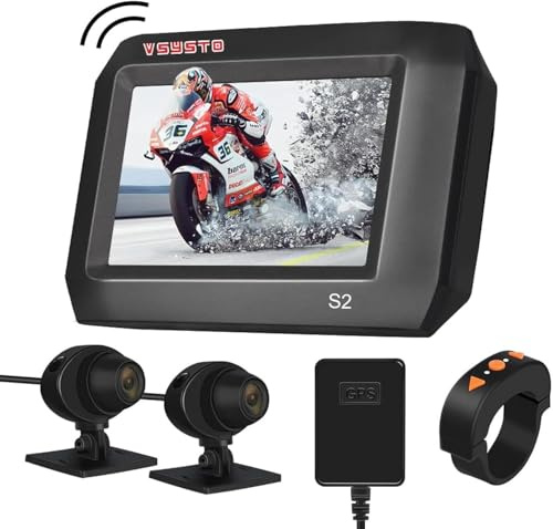 VSYSTO Dashcam Motorrad, HD 1080P Motorrad Kamera 140° Weitwinkel Sportkamera, 3,0 Zoll IPS Bildschirm Doppellinse Vordere und hintere Wasserdicht Kamera, WiFi, GPS, Parkmonitor, G-Sensor